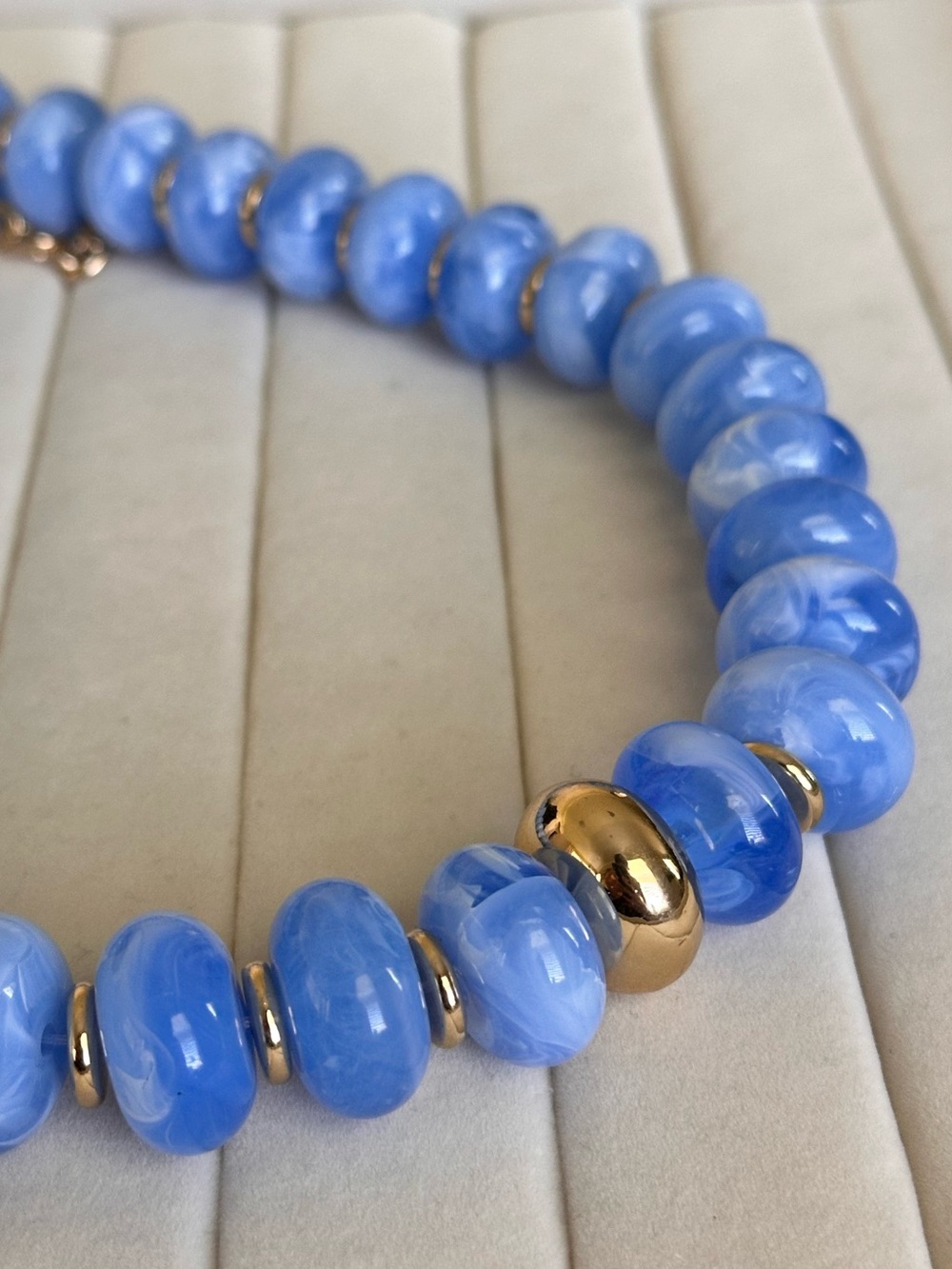 Light Blue Marbled Bead Necklace with Gold Accent